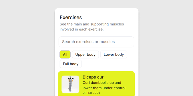 The exercise list with search, region filters and a picture of each move