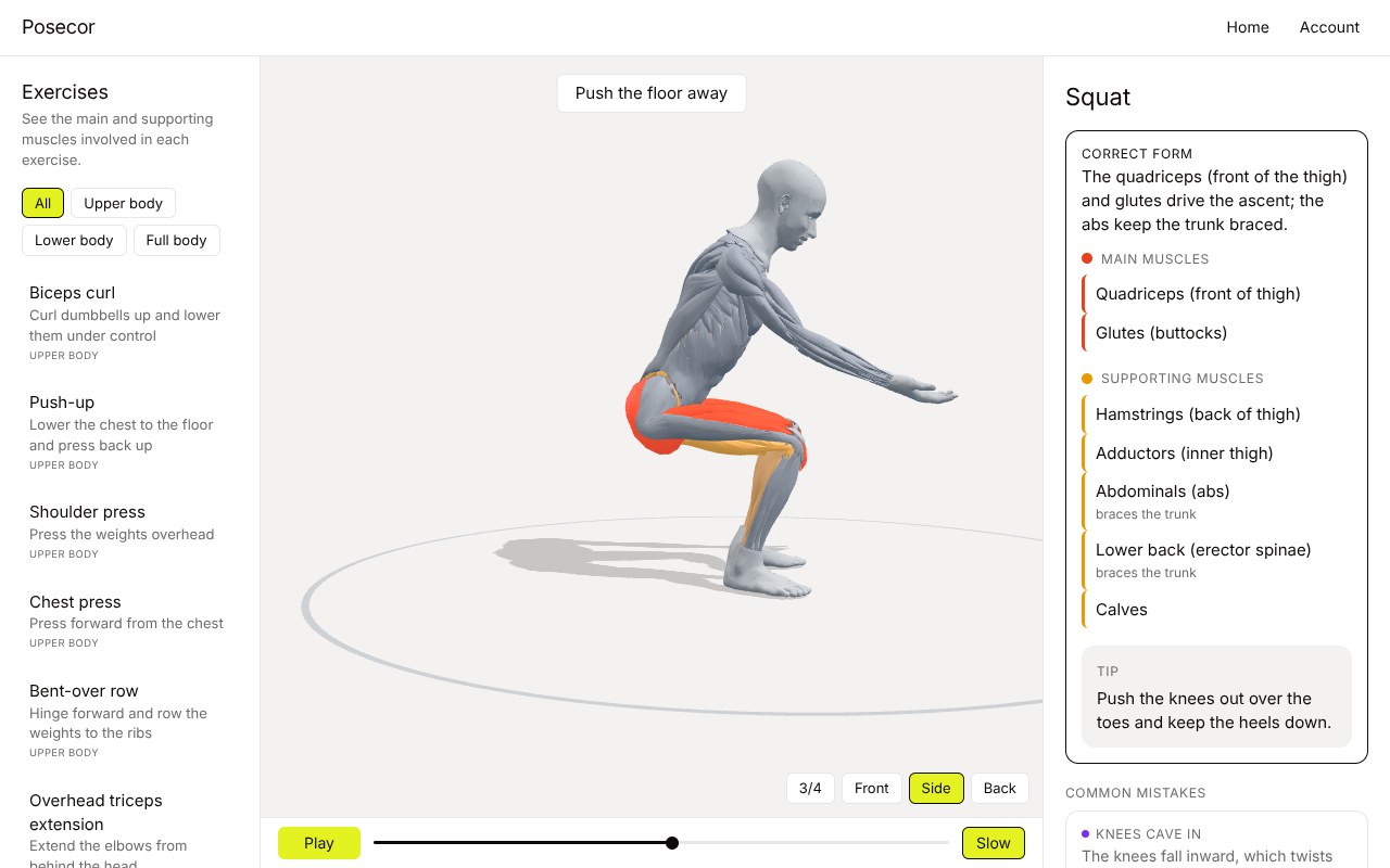 Posecor · Muscles worked in 3D: see every exercise in action