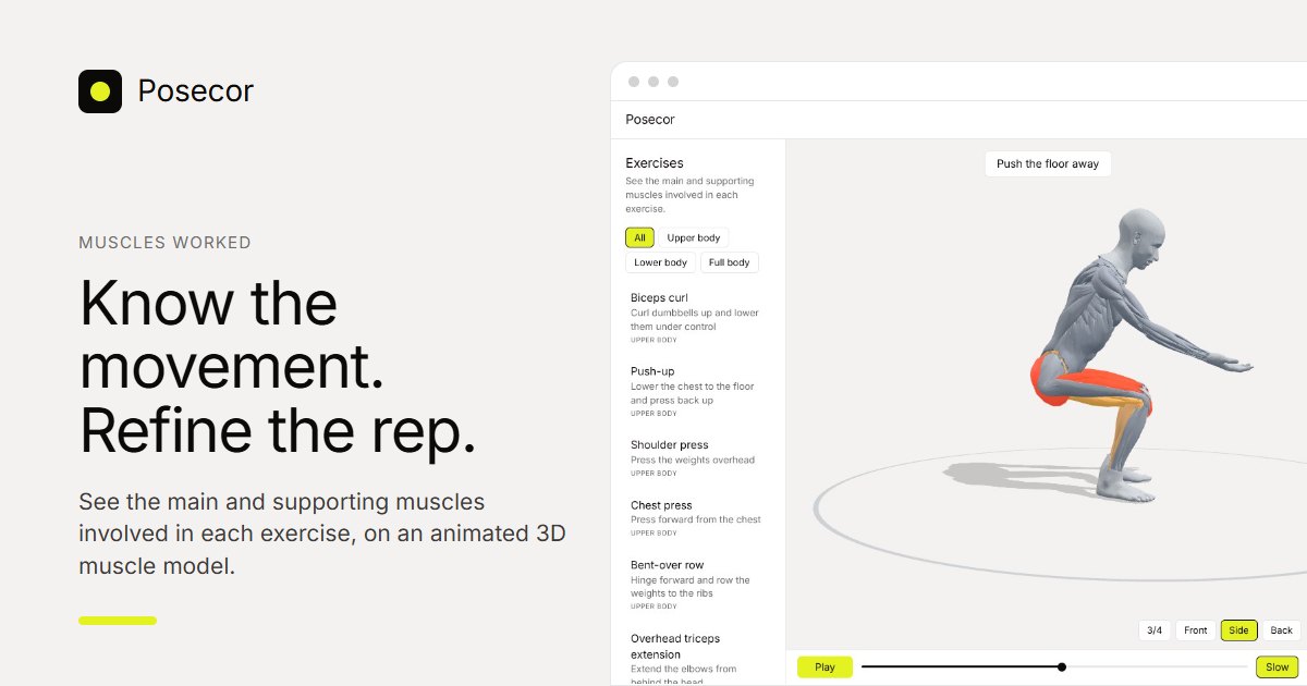 Posecor · Muscles worked in 3D: see every exercise in action